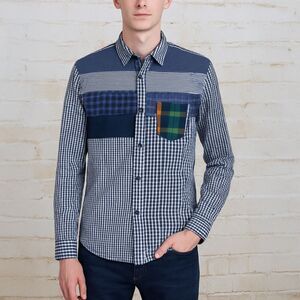 Desigual Shirt Mens M Patchwork Plaid Gingham Mixed Print Button Retro Preppy
